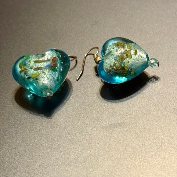 Heart-Shaped Blue & Green Artisan Glass Bead Earrings - Picture 4 of 6
